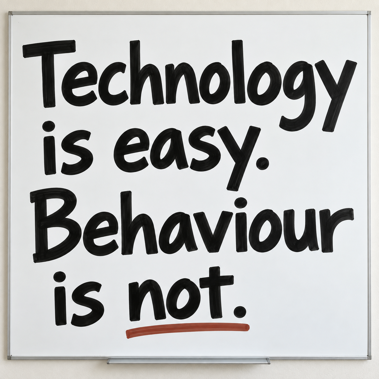 Whiteboard reading Technology is easy. Behaviour is not, with a rust underline.