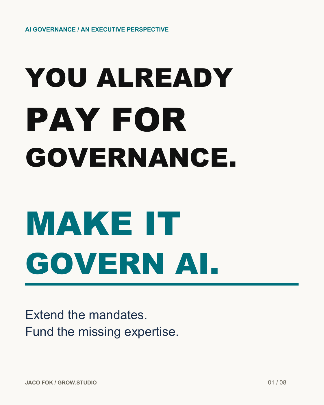 Cover of Jaco Fok’s AI governance slide document.
