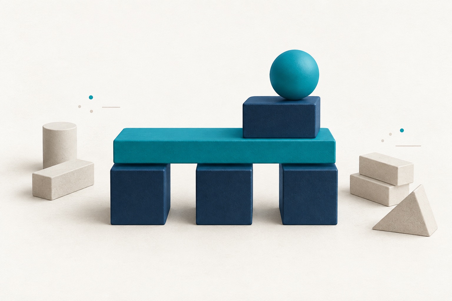 Three navy foundation blocks support a teal platform and a single ascending step.