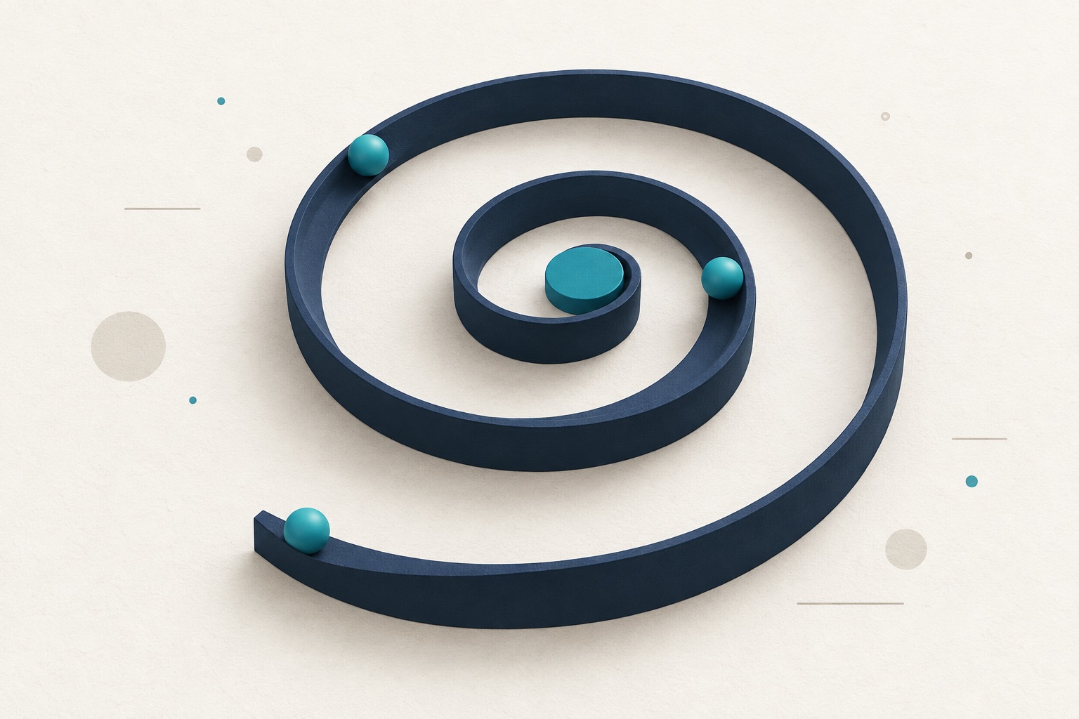 A navy spiral guides teal spheres toward a central target.