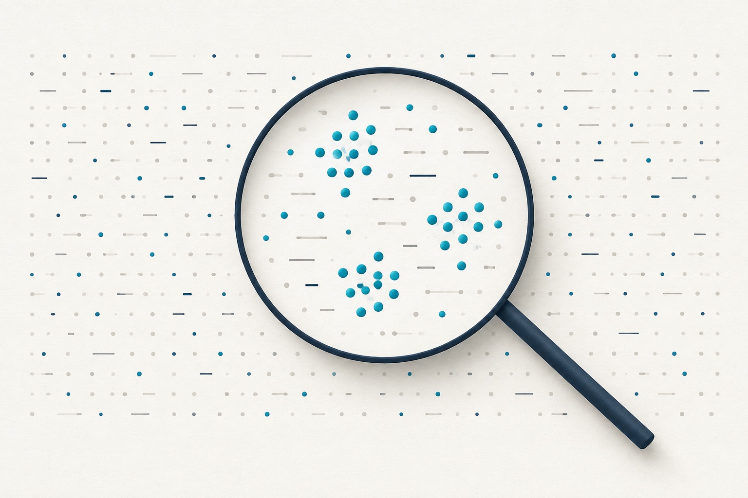 A magnifying glass brings clusters of teal marks into focus on an ivory background.