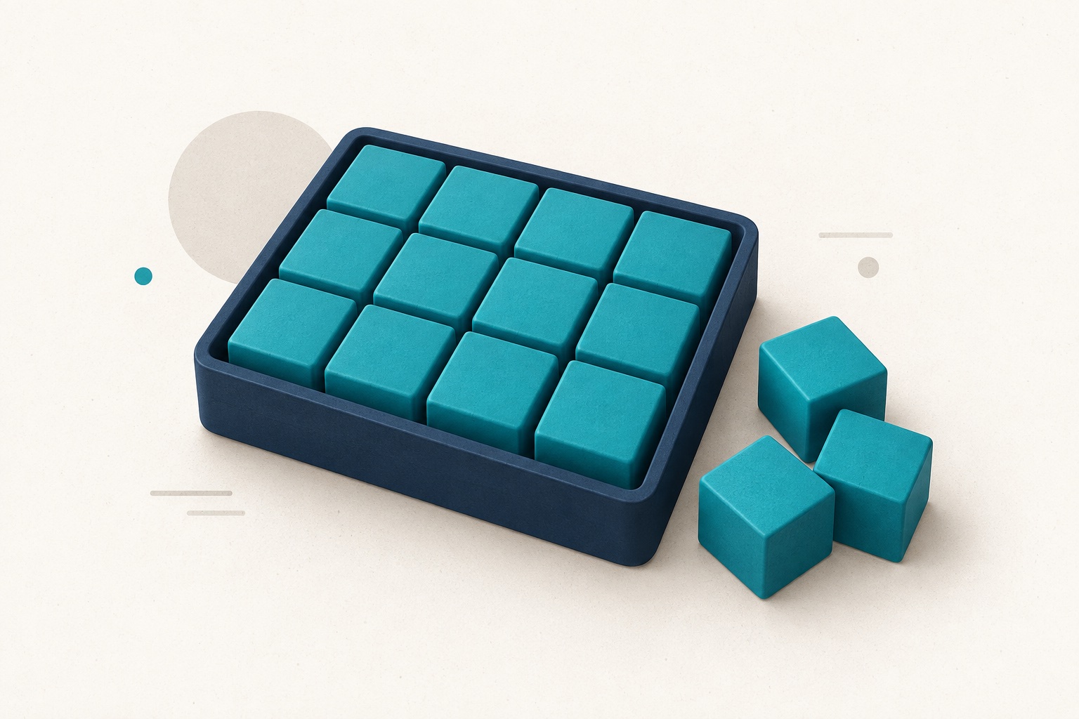A small navy tray is full of teal blocks, with additional blocks waiting beside it.