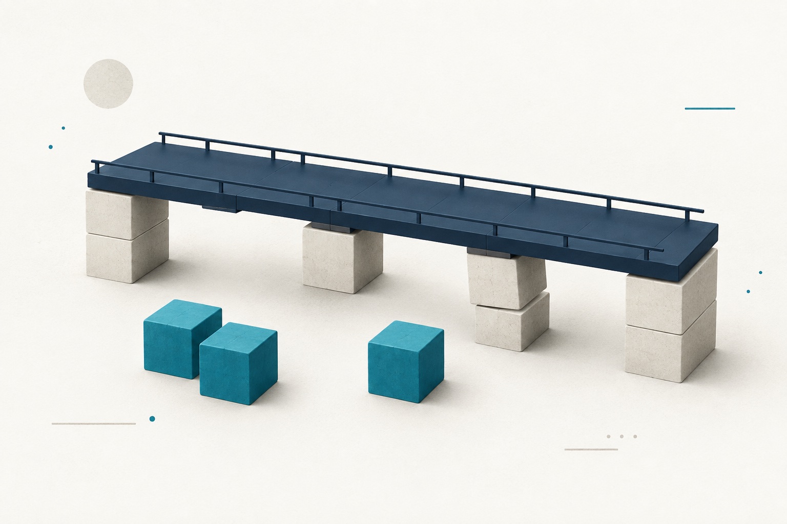 A precise navy structure spans uneven foundation blocks with visible gaps.