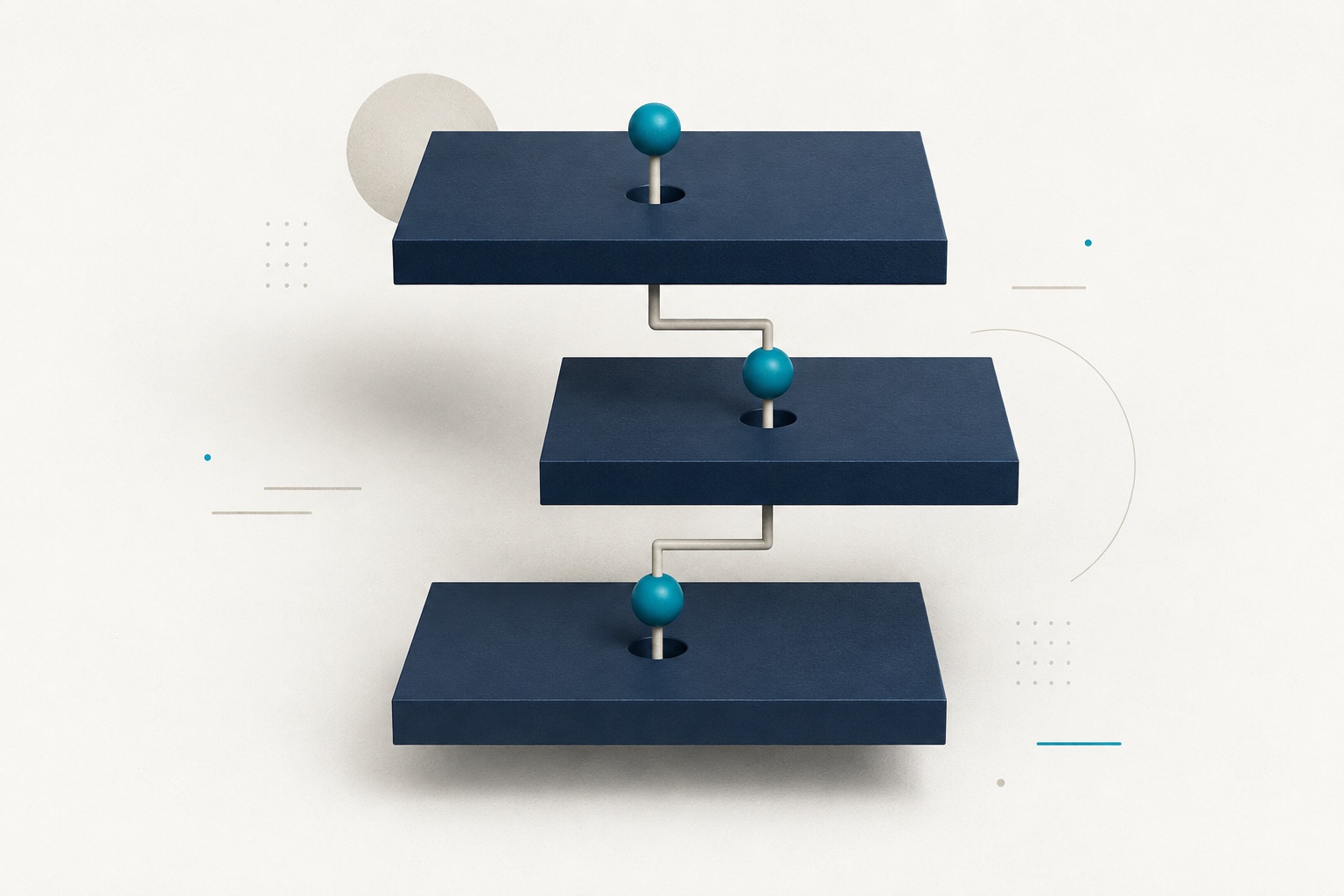 A teal flow meets a misaligned middle section in a three-level navy structure.