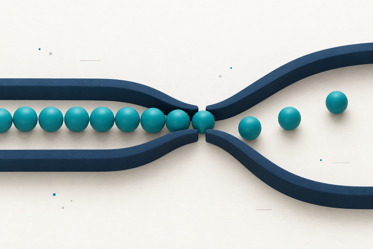 Teal spheres queue at a narrow opening between two navy guide rails.
