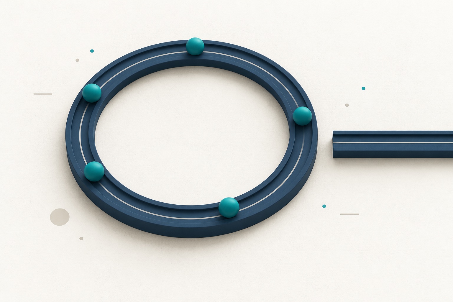 Teal spheres circle a closed navy track beside an unconnected path forward.