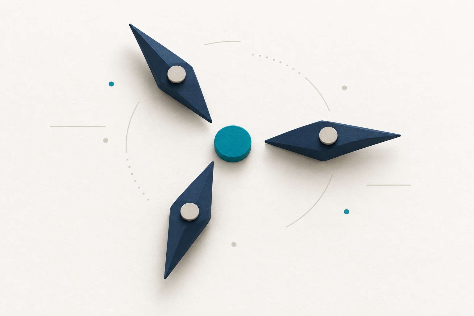 Three navy compass needles point in different directions around a shared teal center.