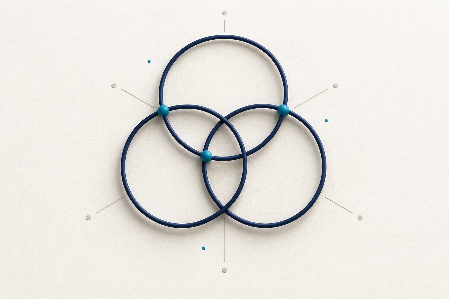 Overlapping navy loops share teal junctions, showing how separate patterns can interact.